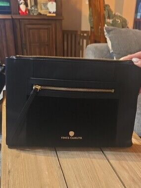 Vince Camuto Black Leather Clutch with Gold Zipper Detail